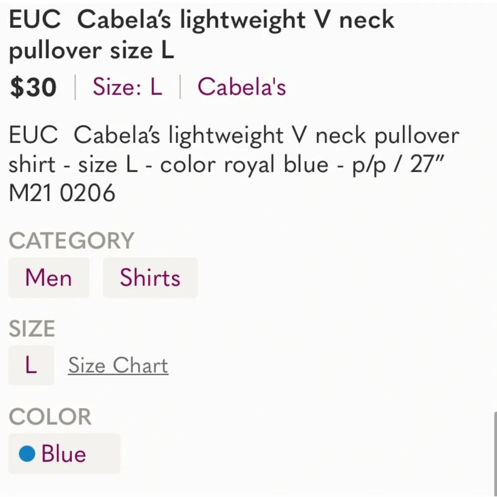EUC Cabelas Pull Over Mens Size Large.